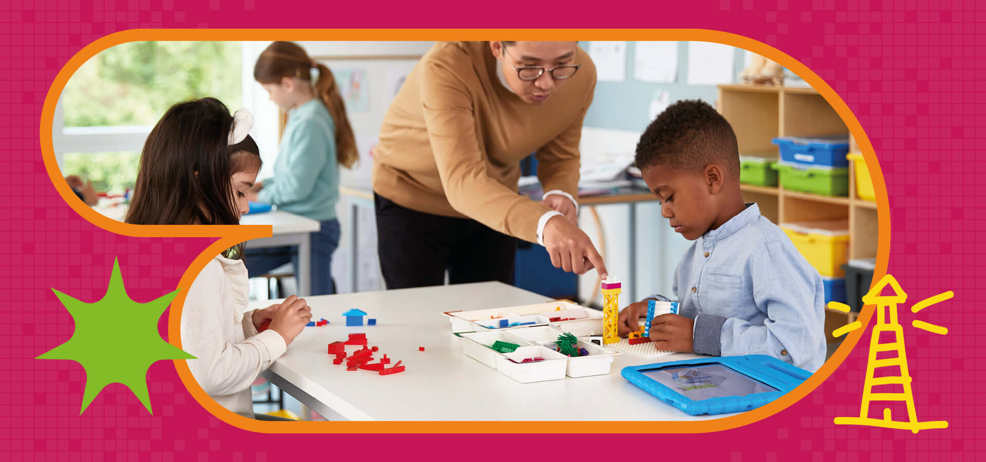 Students engage in STEAM activities with guidance from a teacher, fostering creativity and future skills in the classroom.