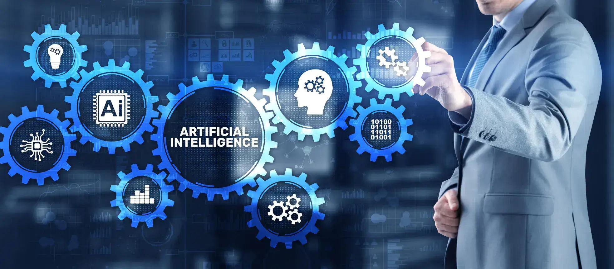 Professional interacting with gears representing artificial intelligence and machine learning technologies.