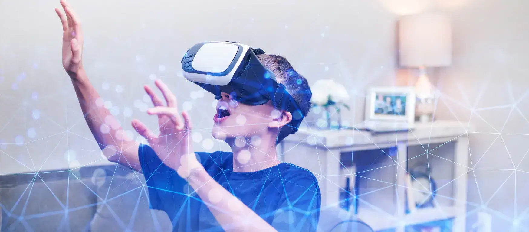 Student using virtual reality headset to enhance learning experience and engage with immersive technology.