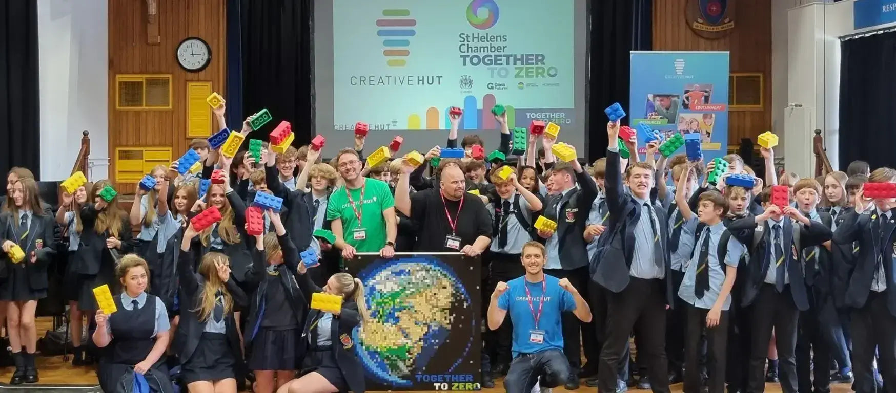 Students and facilitators celebrating at the #TogetherToZero STEAM education event in St Helens.