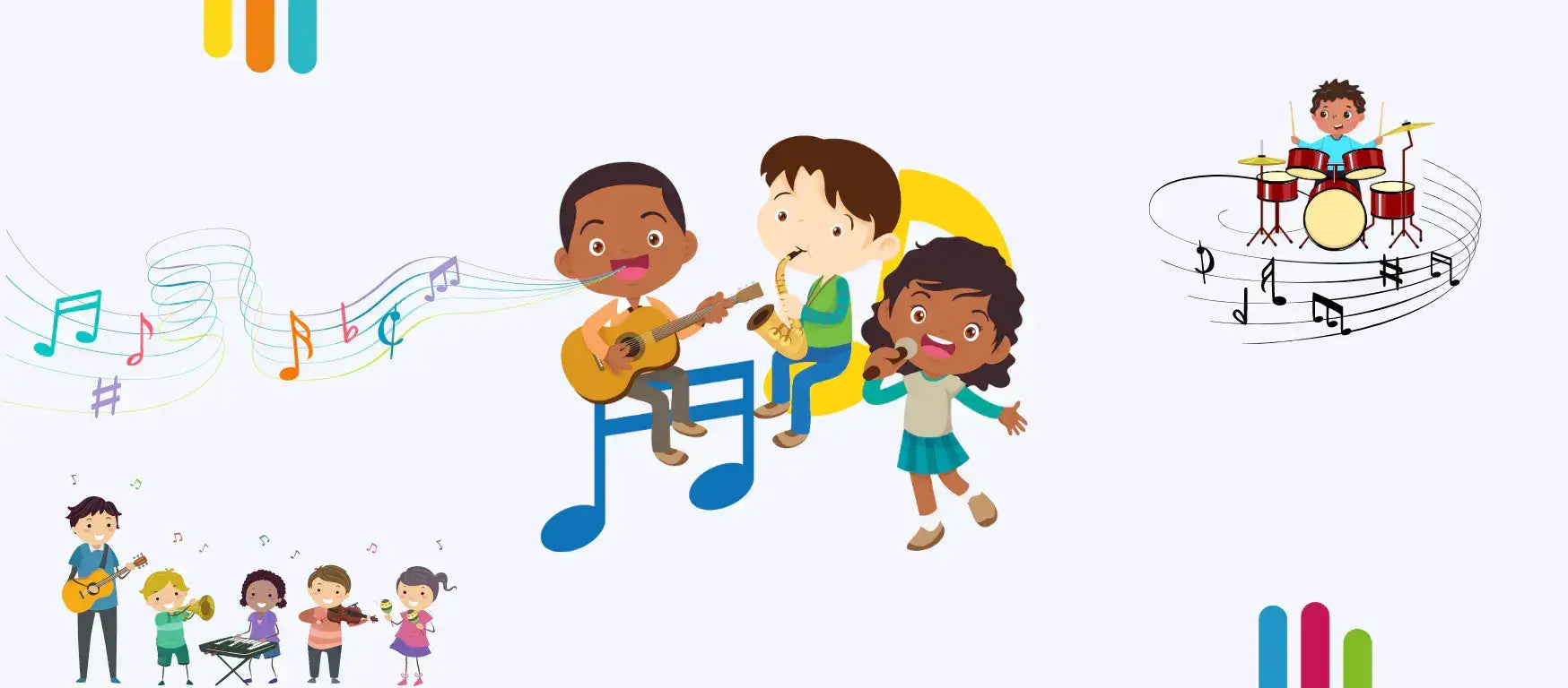 Colorful illustration of children playing musical instruments and singing, promoting music's role in student development.