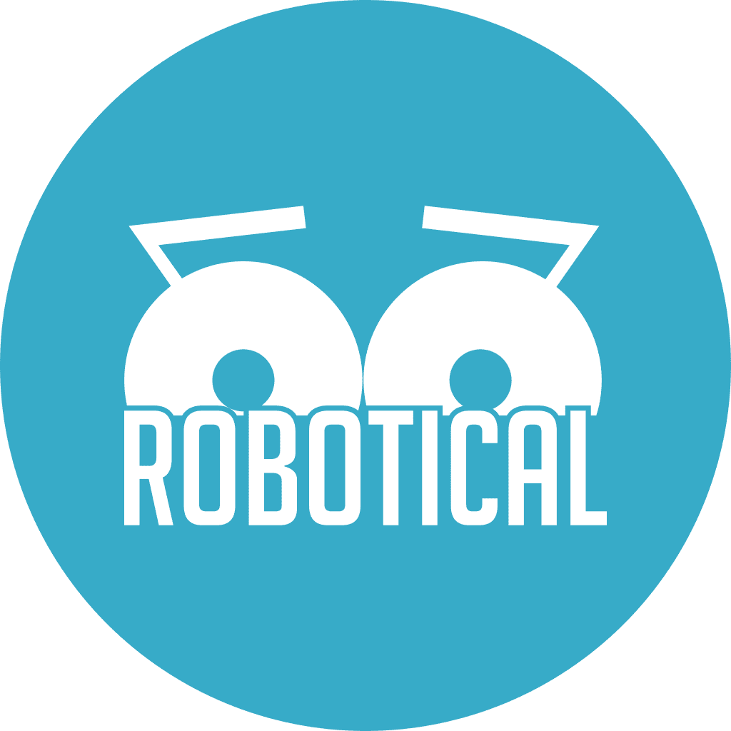 Logo of Robotical featuring stylized robotic eyes on a blue background
