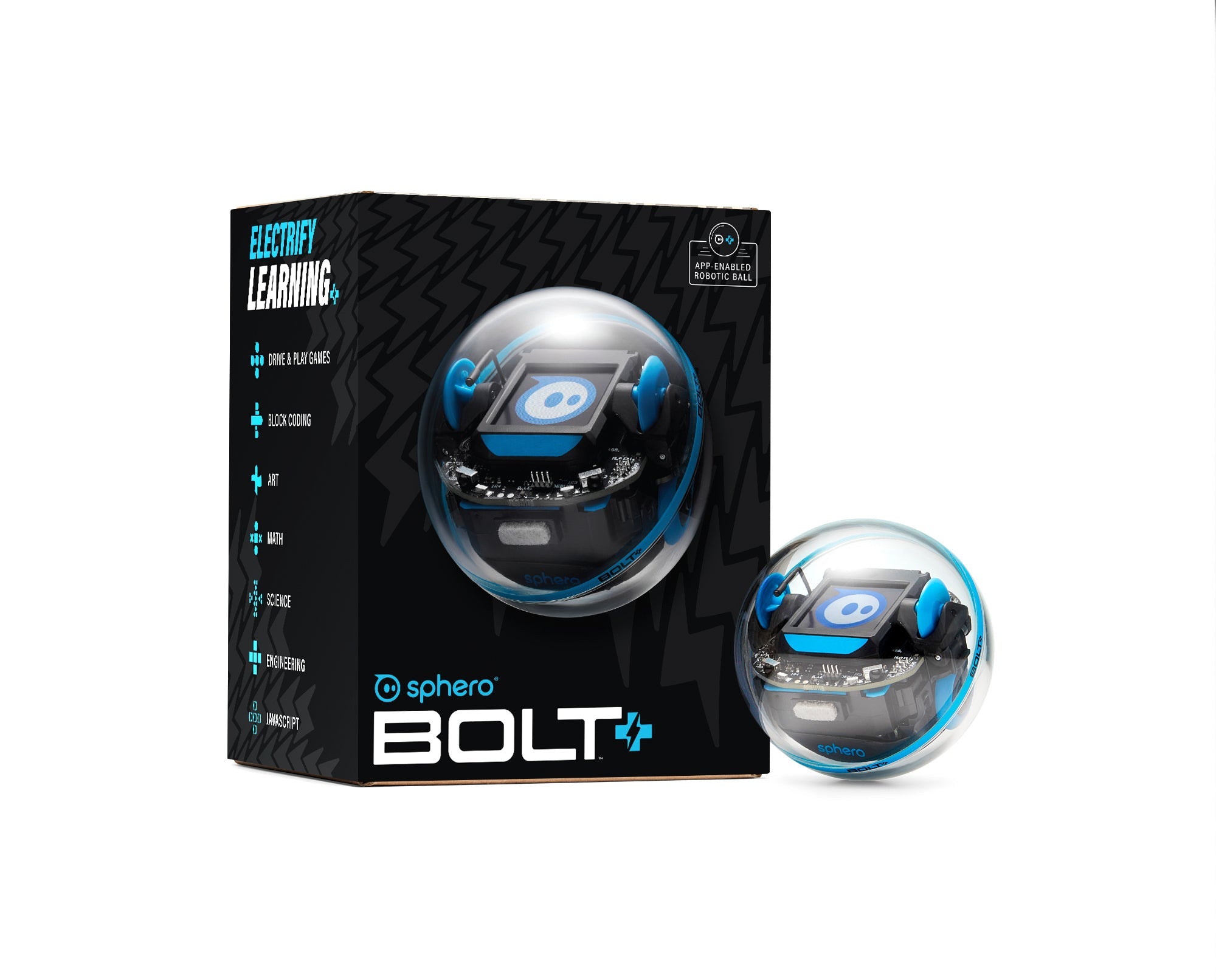 Sphero BOLT+ programmable robot showcased with packaging, designed for engaging educational experiences.