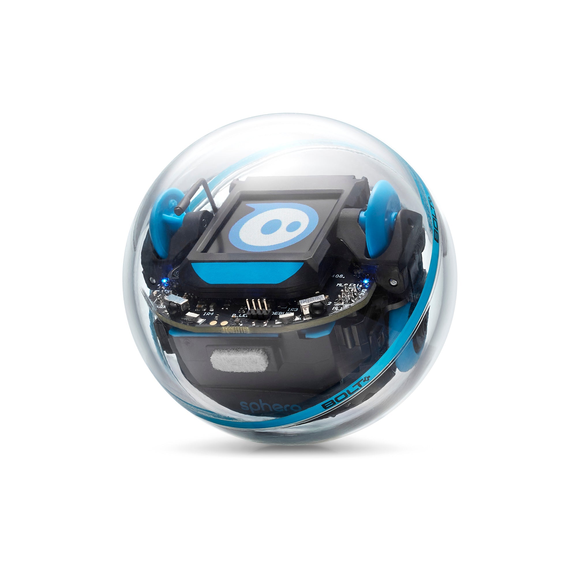 Sphero BOLT+ programmable robot with sensors and LCD screen for coding education in a clear protective sphere.