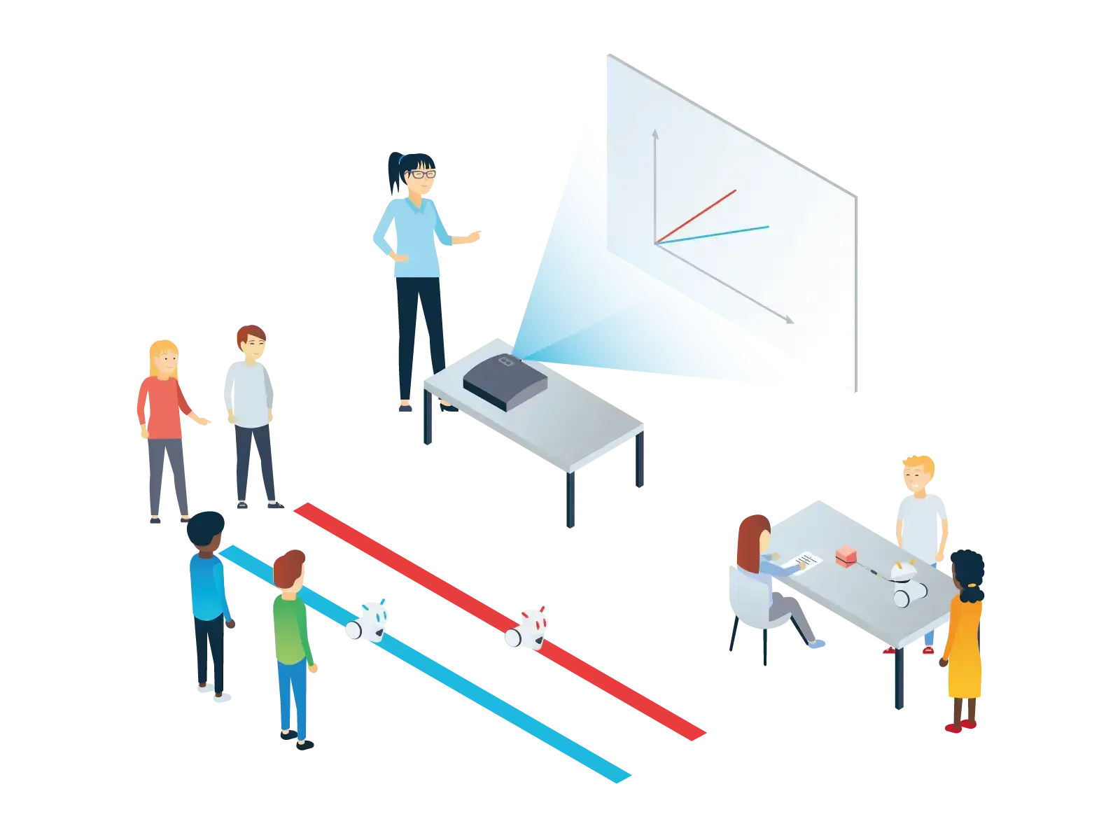 Illustration of a teacher presenting concepts to students using a projector and interactive activities in a classroom setting.