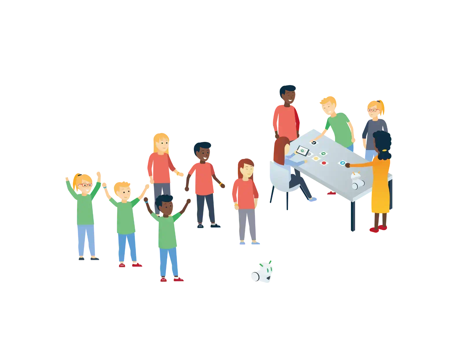 A group of children celebrating around a table with technology, engaging in collaborative activities.