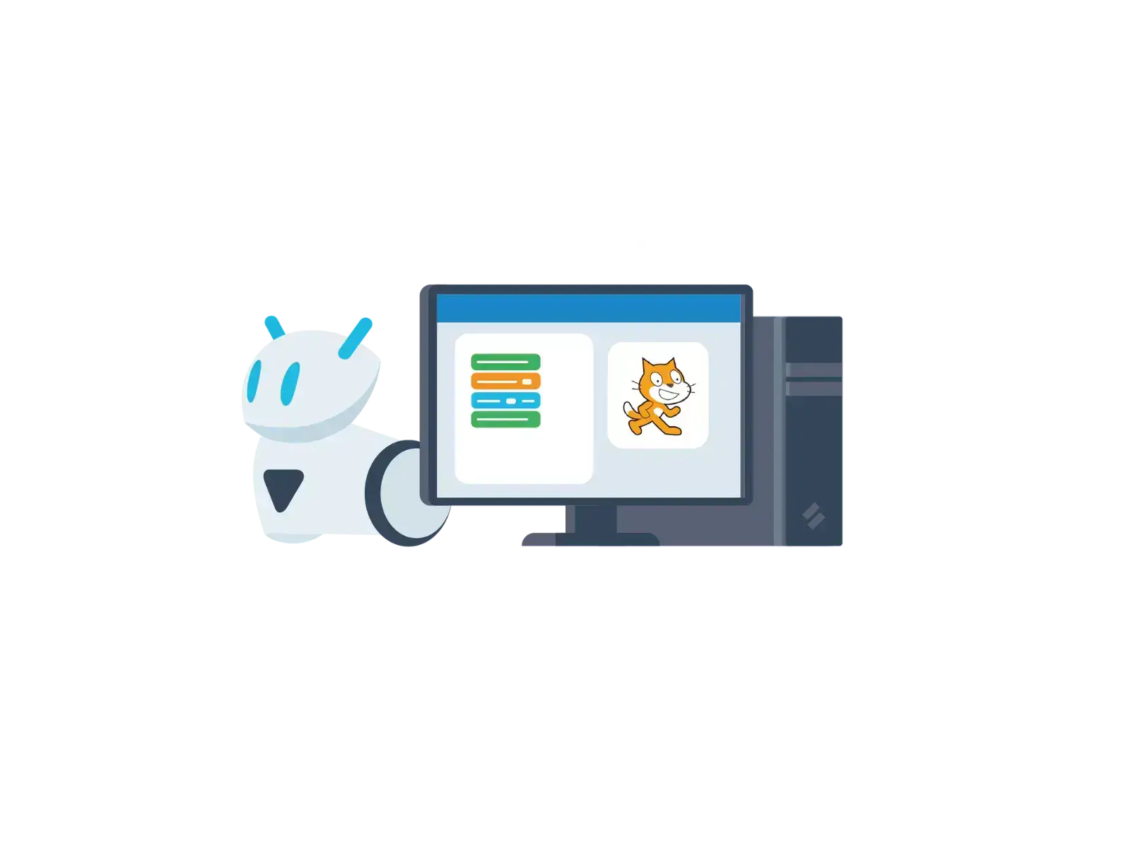 Illustration of a cute robot beside a computer showing a cat, symbolizing tech and creativity.