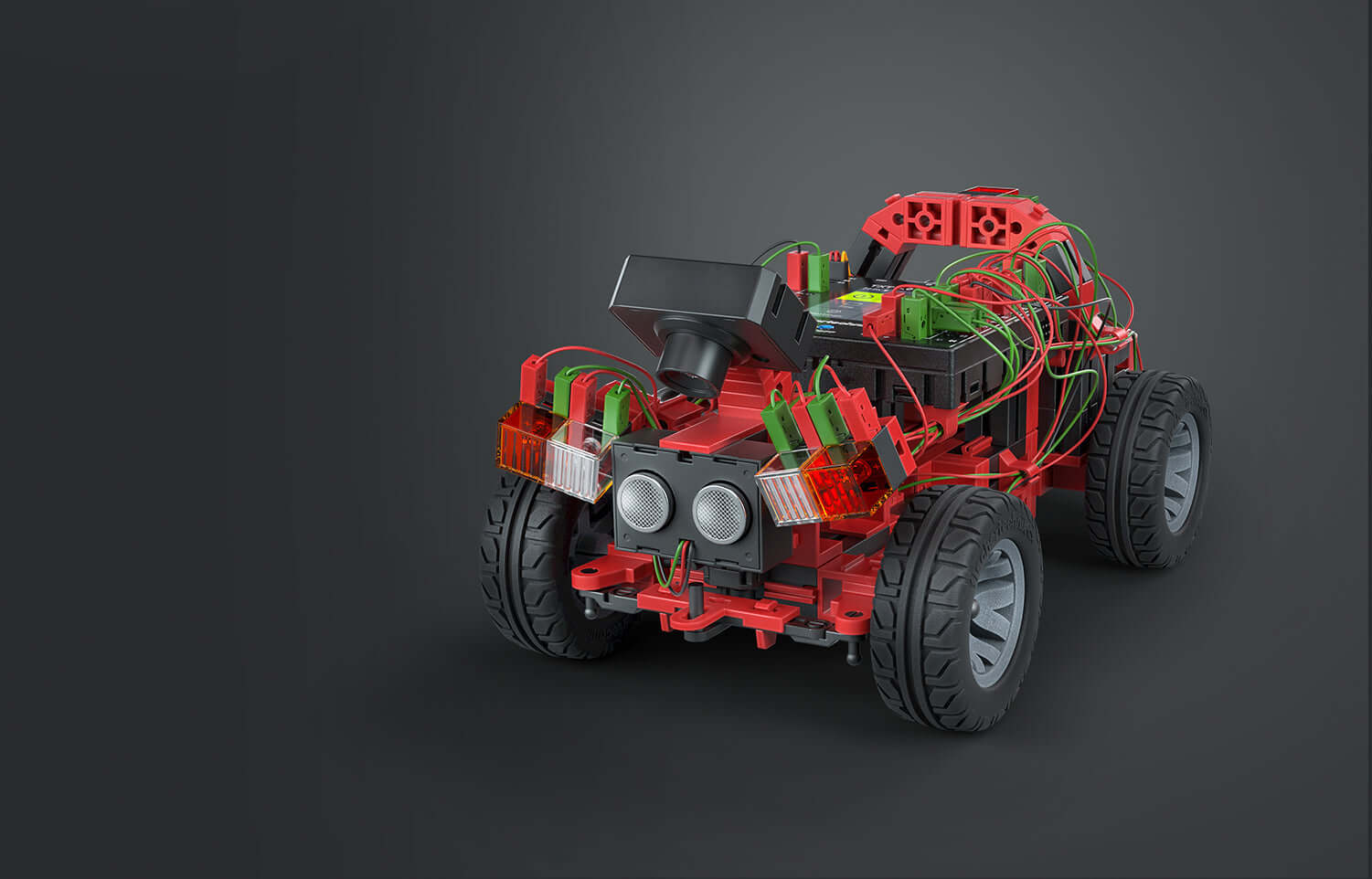 Autonomous driving robotics kit featuring a red vehicle with visible wiring and components for STEM coding.