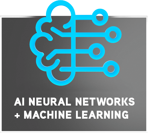 Icon representing AI neural networks and machine learning with blue lines on a dark background.