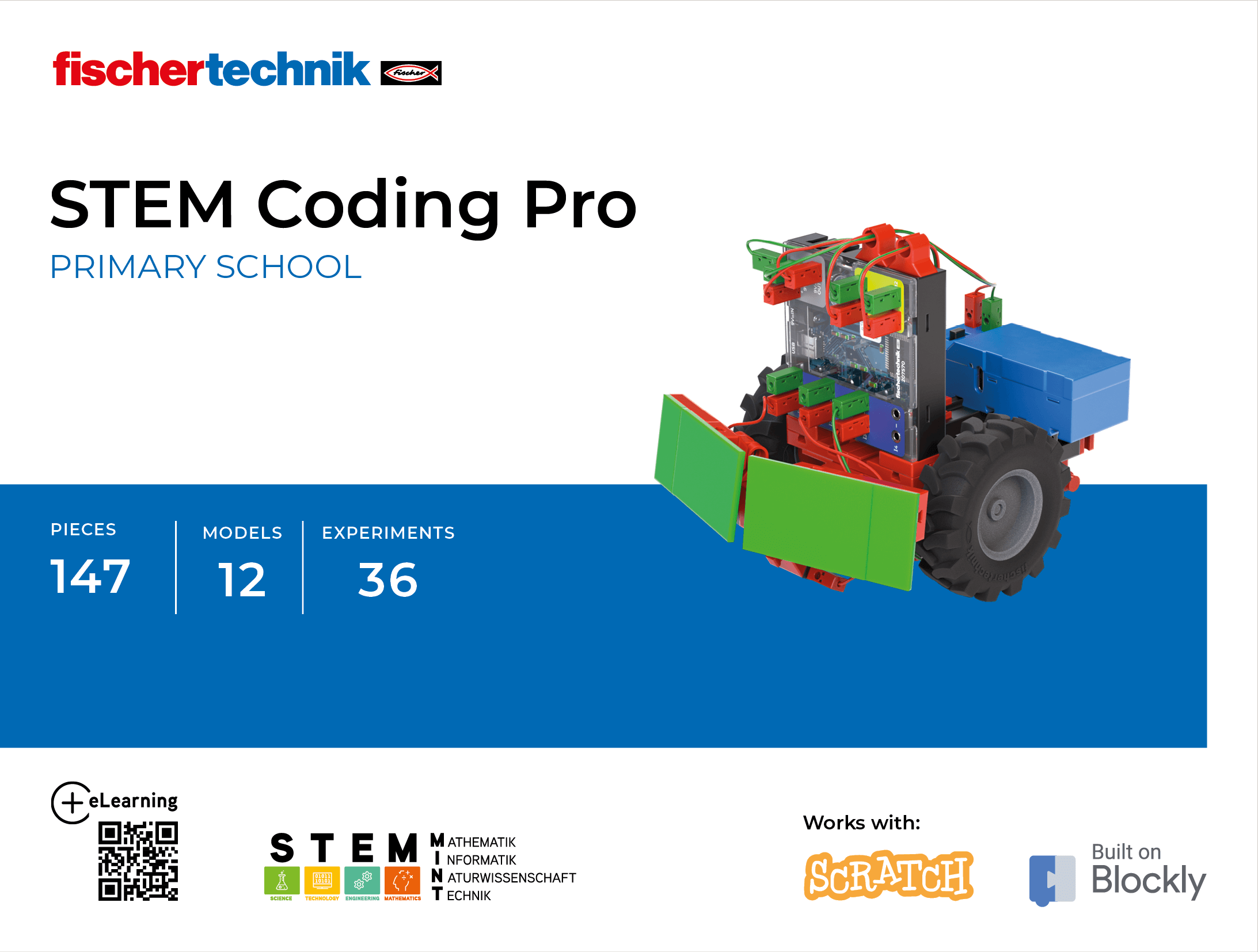 STEM Coding Pro robotics kit for primary school with 147 pieces, 12 models, and 36 experiments, promoting coding education.