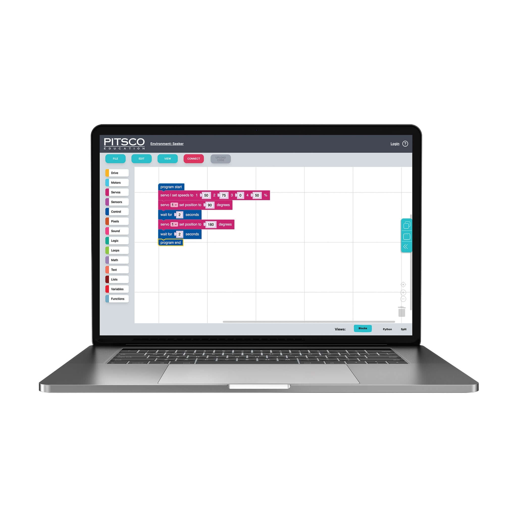 Laptop displaying Pitsco Education's Seeker programming interface for coding robotics in STEM education.