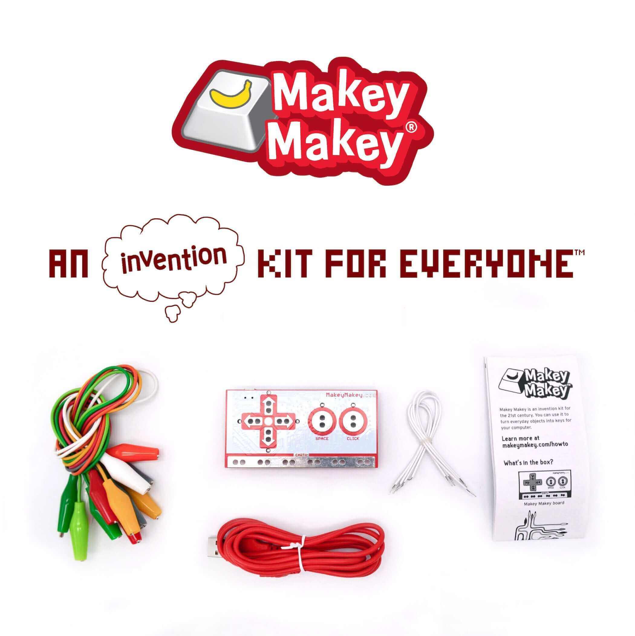Makey Makey kit with wires and instructions, promoting creativity and invention for all ages.