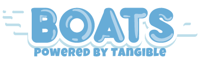 Colorful logo featuring the word 'BOATS' with a playful font, powered by Tangibles.