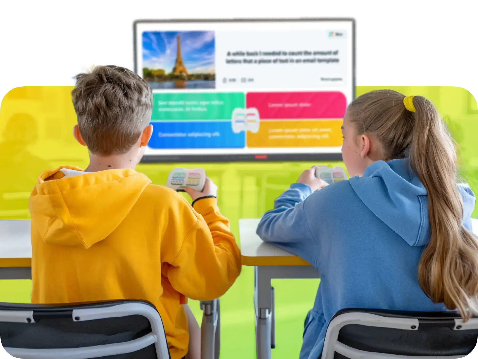 Two children engaging with a learning activity using remotes while watching a presentation on a screen.