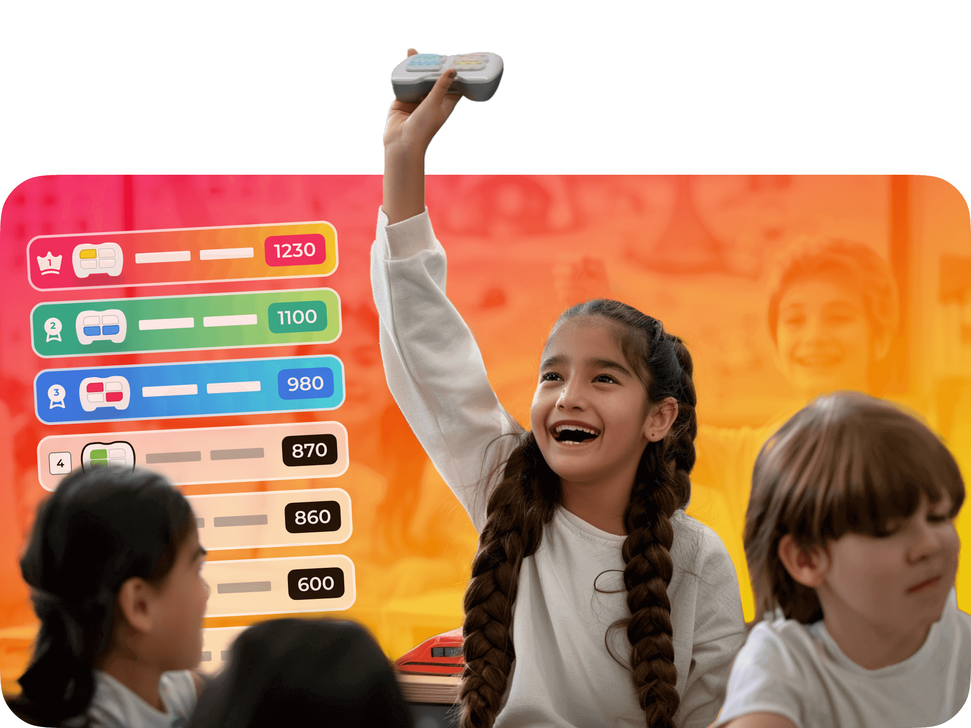 A joyful girl raises a gaming controller with classmates in the background, highlighting a leaderboard display.