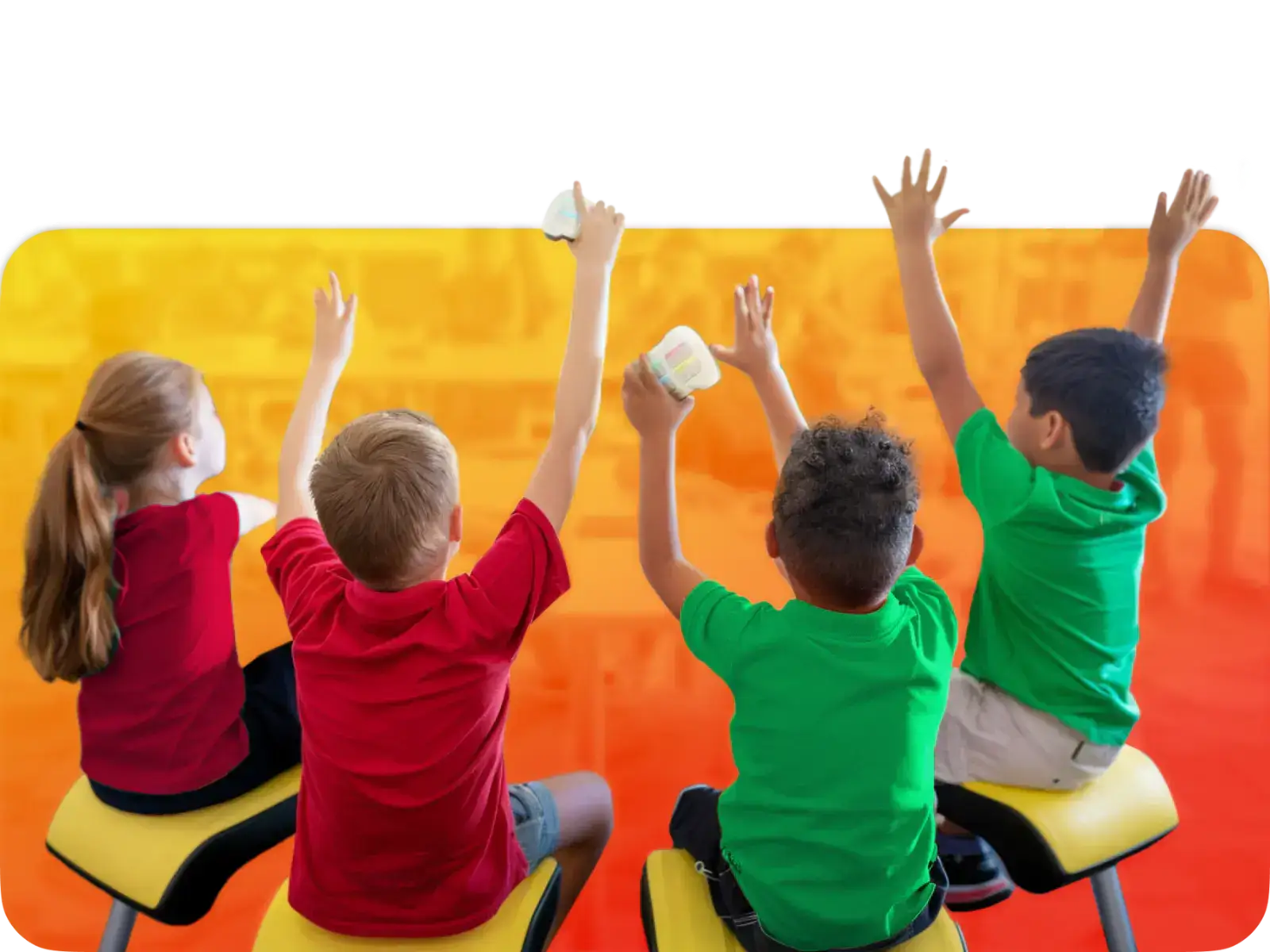 Children raising hands in a vibrant classroom, excited to participate in learning activities.