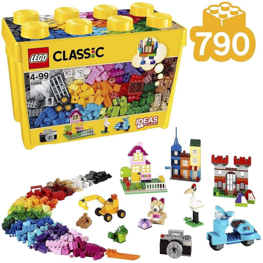 LEGO Classic Large Creative Brick Box 10698 with colorful bricks, ideas for building, and accessories for creative fun.