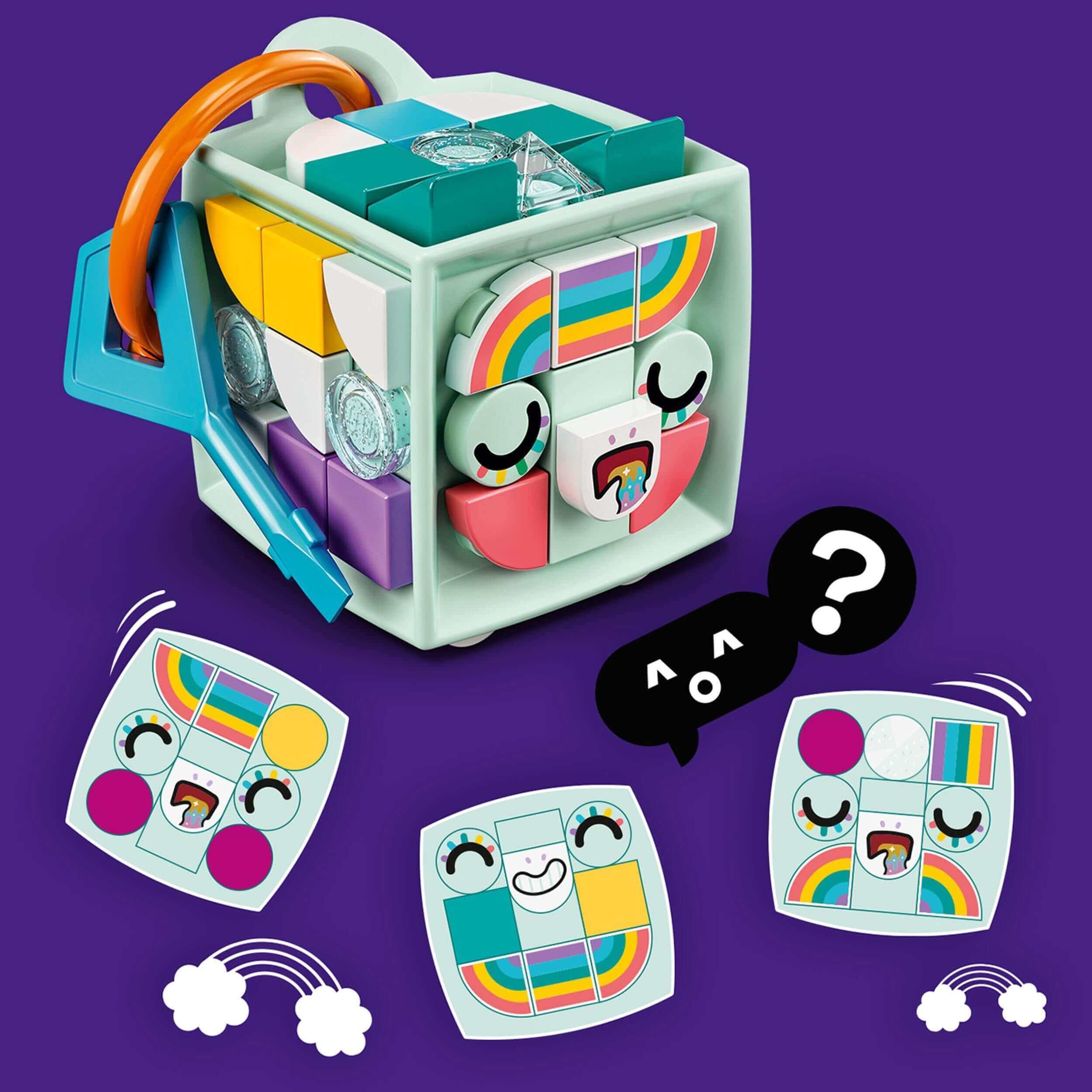 LEGO DOTS Bag Tag Unicorn arts & crafts set features a mint cube, removable tiles, and fun design elements for kids.