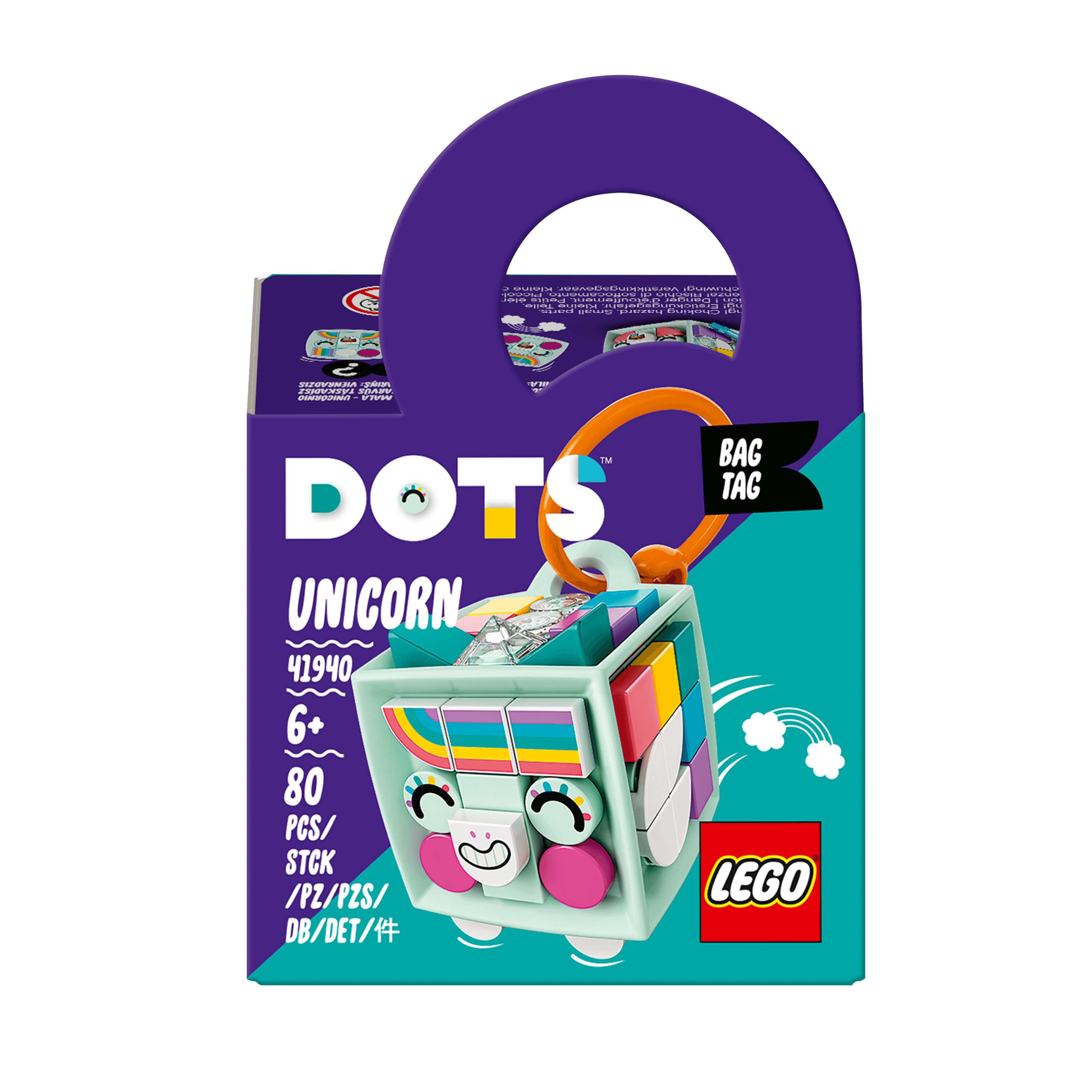 LEGO DOTS Unicorn Bag Tag Set 41940 with mint cube, hanger, and colorful tiles for kids' arts & crafts.