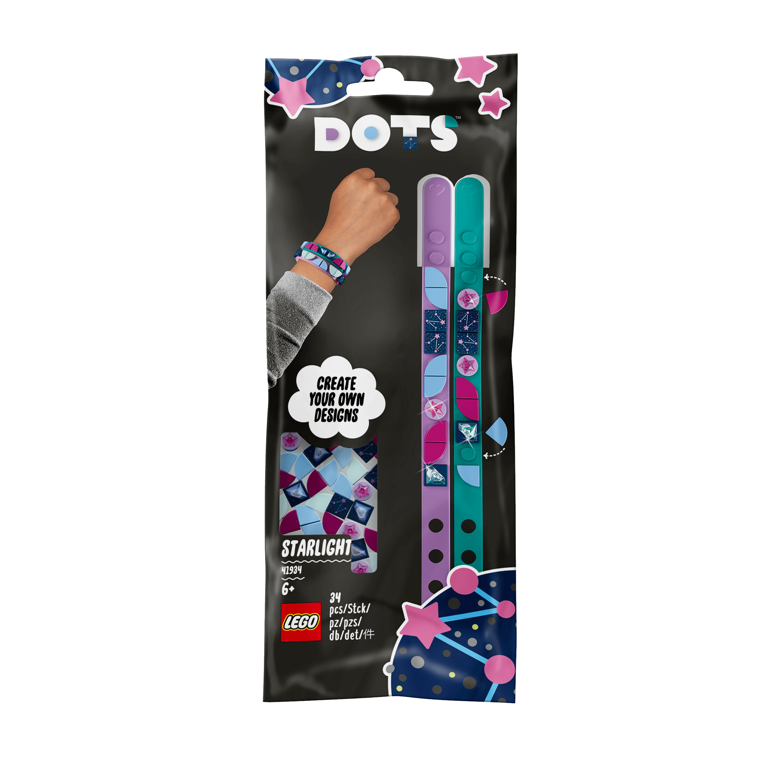 LEGO DOTS Starlight Bracelets Set 41934, featuring teal and purple bracelets with colorful tiles for creative design.