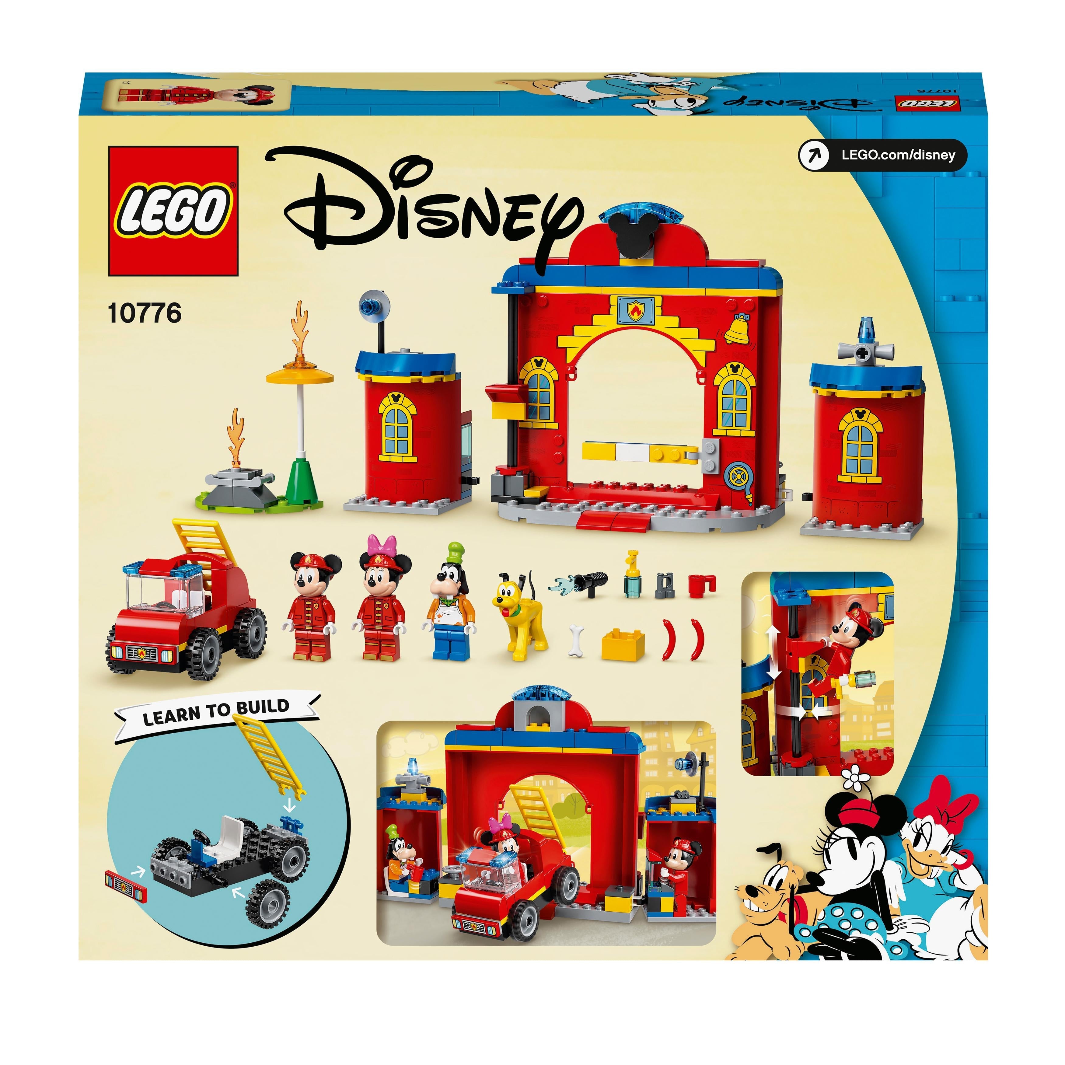 LEGO Disney Mickey Mouse Fire Engine & Station 10776 set with minifigures, fire station, and fire engine for kids' building fun.