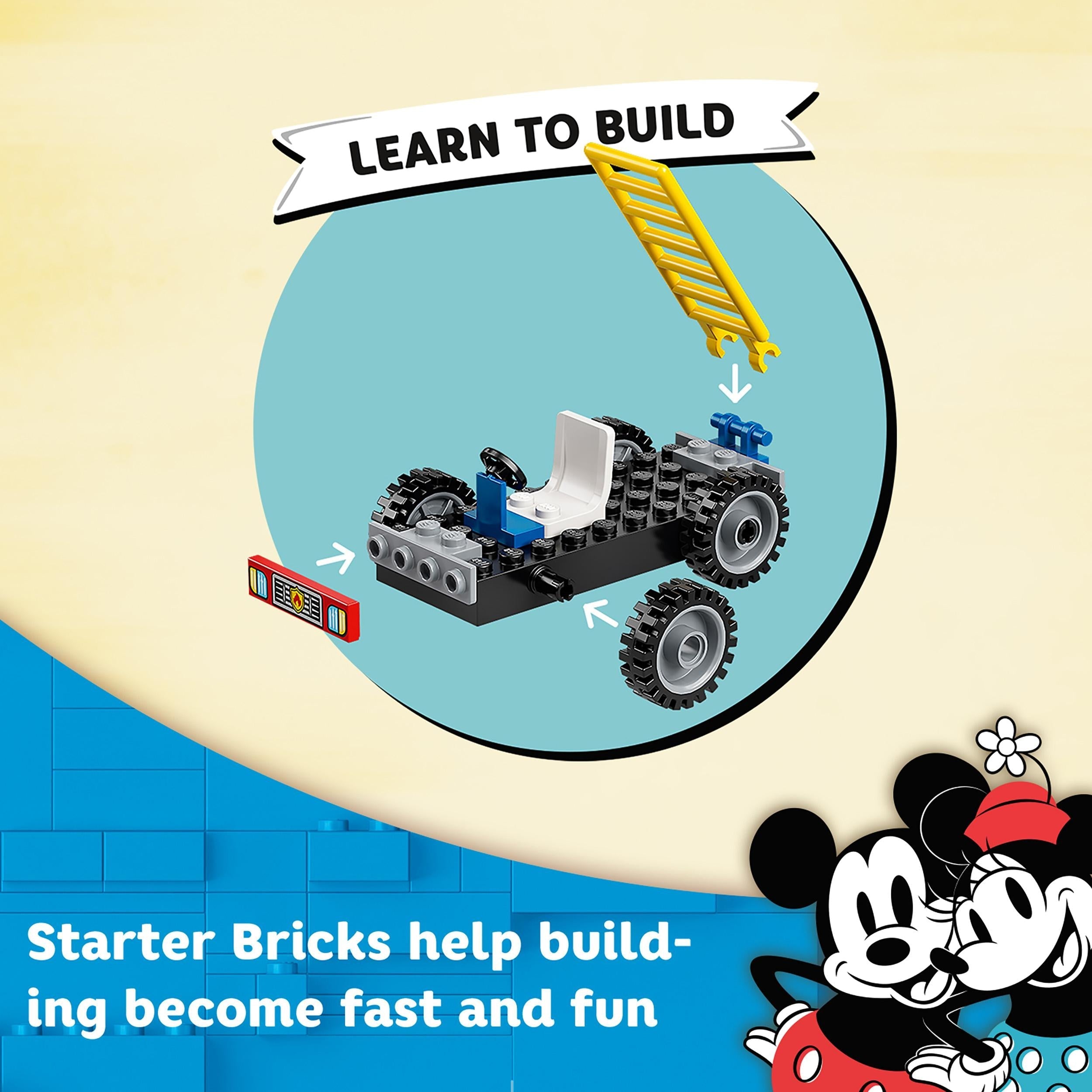 LEGO Disney Mickey Mouse fire engine building instructions with starter bricks for easy assembly.