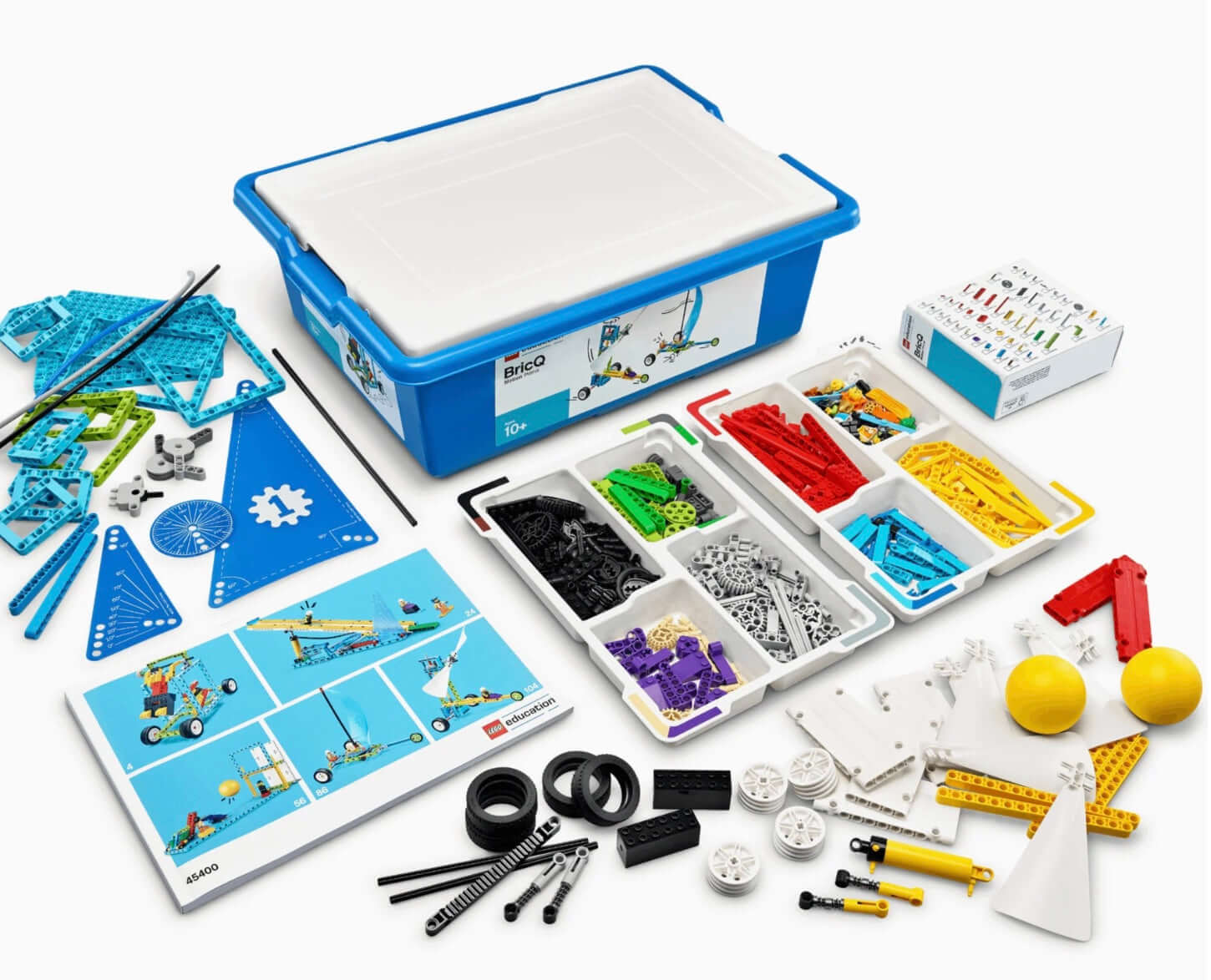 LEGO® Education SPIKE Essential Bundle and a FREE LEGO® Education BricQ Motion Essential Set components displayed.