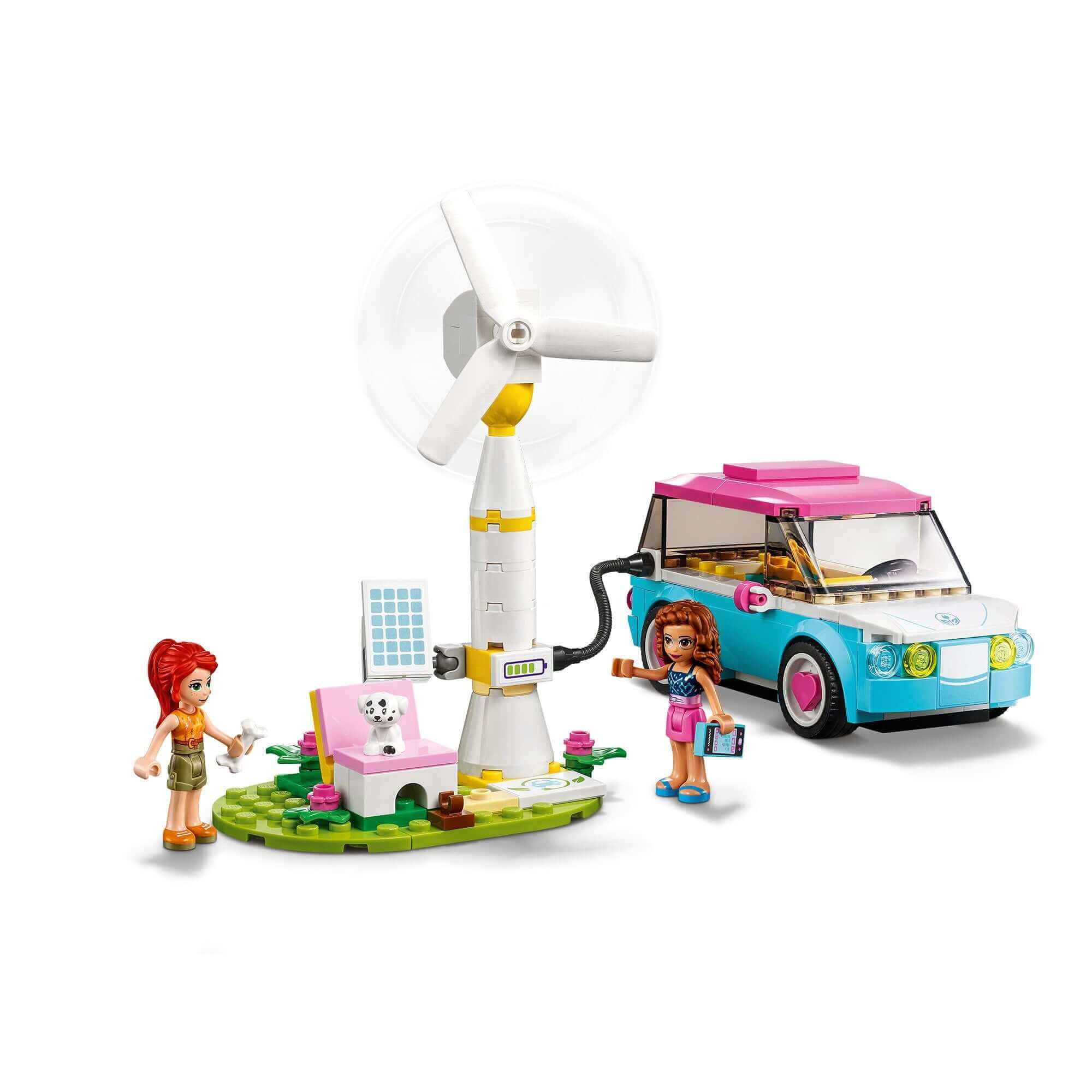 LEGO® Friends Olivia's Electric Car Toy 41443 set with electric car, wind turbine, and two friends playing.