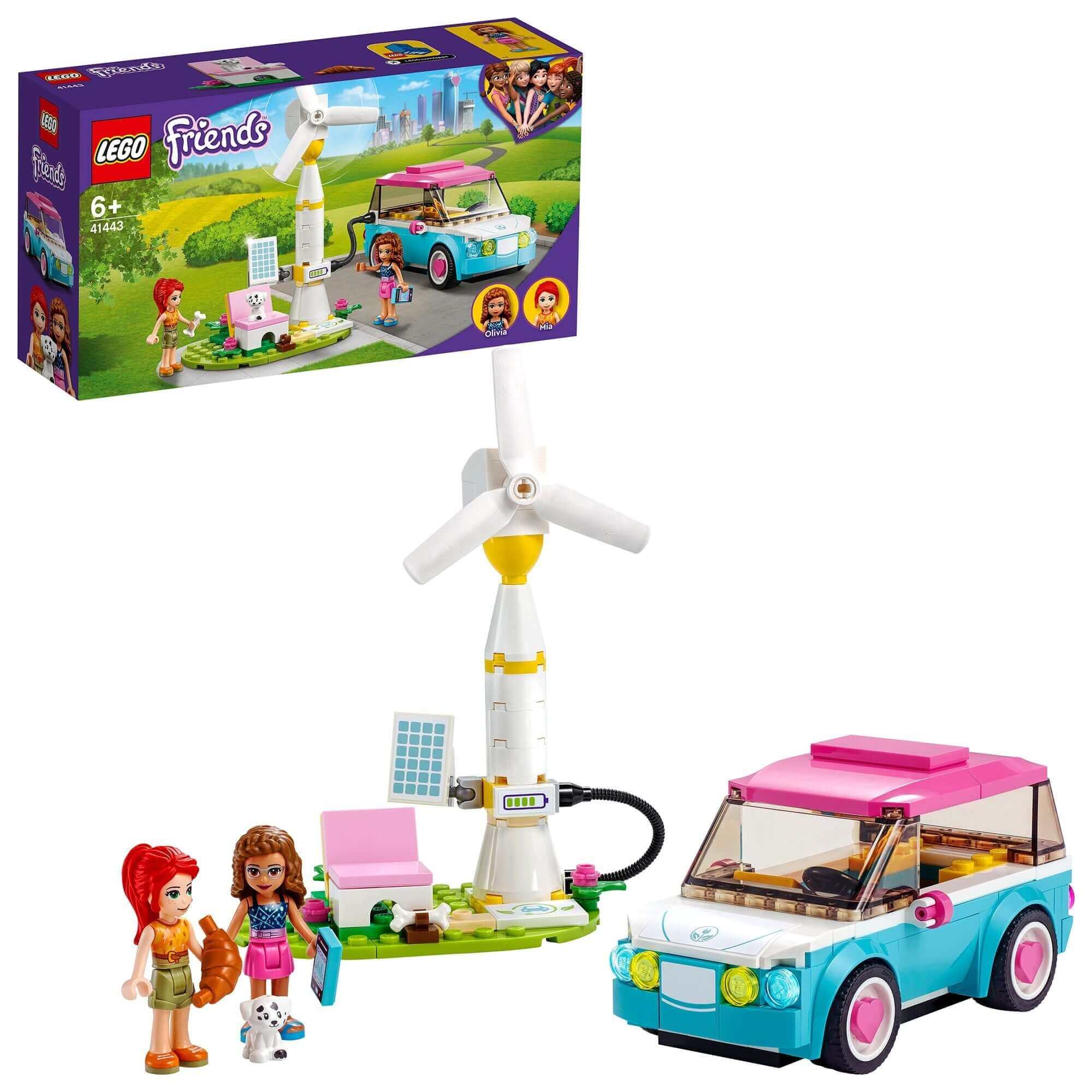 LEGO Friends Olivia's Electric Car Toy 41443 with car, charging station, and mini-doll figures on a scenic background.
