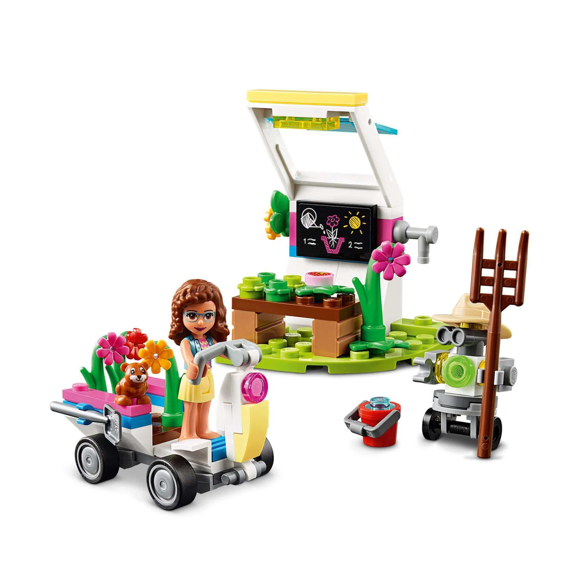 LEGO® Friends Olivia's Flower Garden set with greenhouse, vehicle, and mini-figures for kids' creative play.