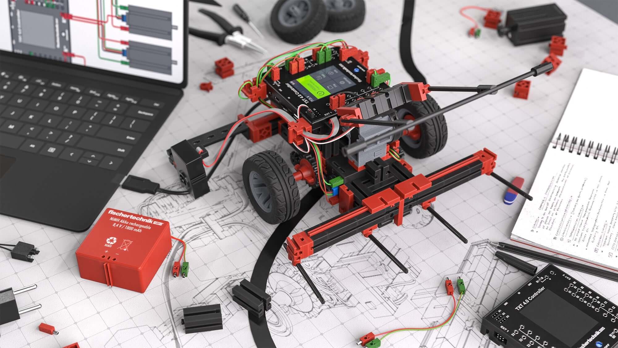 STEM Coding RoboMission robotics kit displayed with tools and sketches for the World Robot Olympiad.