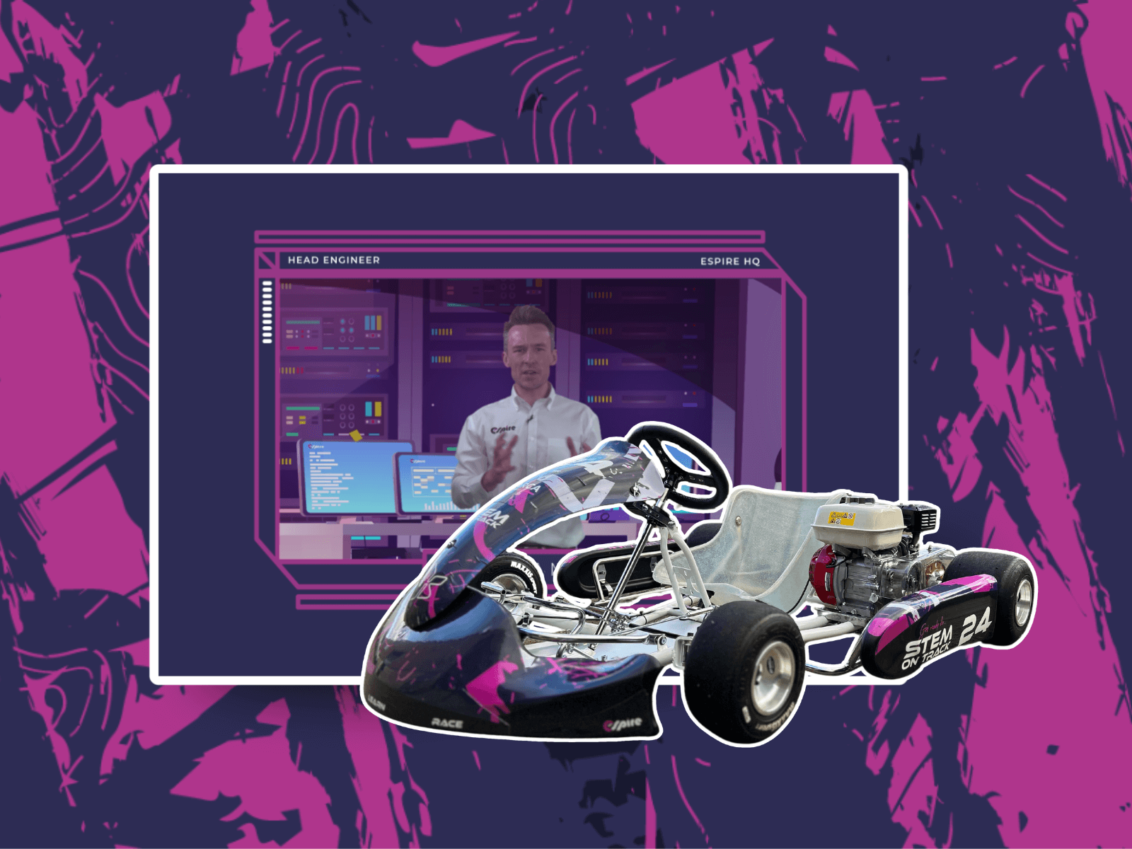 STEM On Track package featuring a race kart and online academy interface for interactive learning.