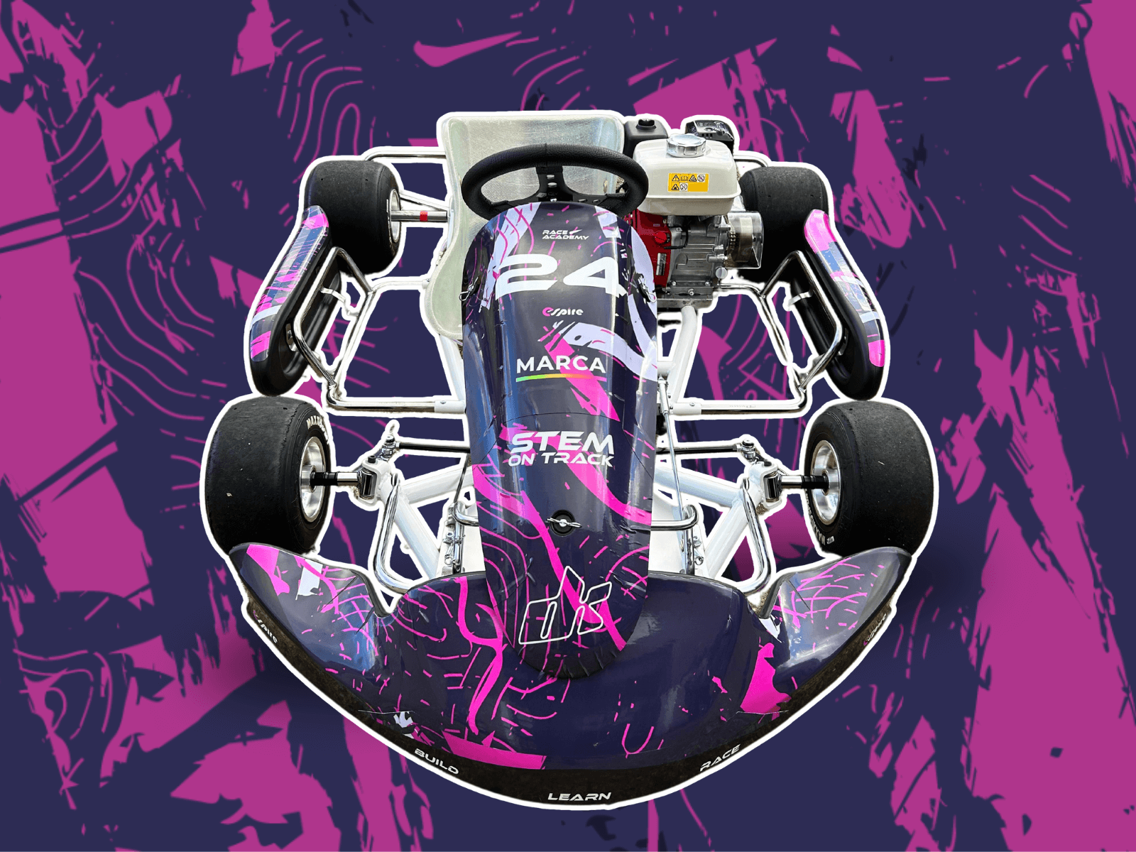 STEM On Track custom designed race kart for educational projects, featuring vibrant colors and a dismantlable design.