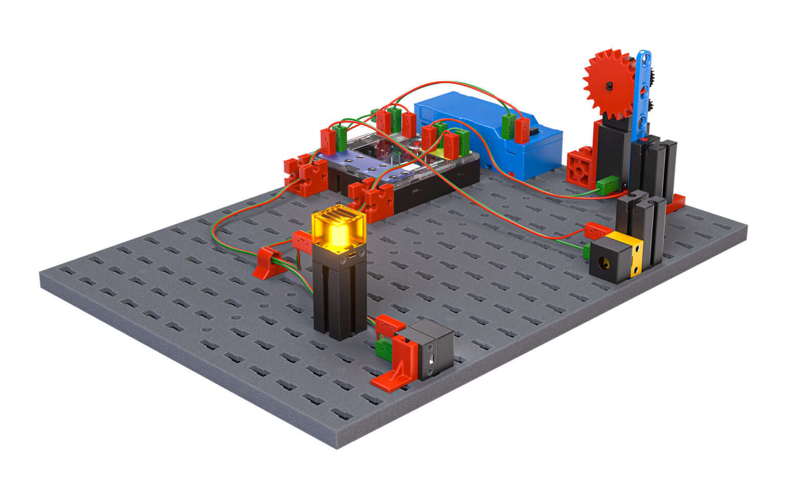 STEM Coding Pro robotics kit with colorful components and battery, ideal for fun coding introduction.