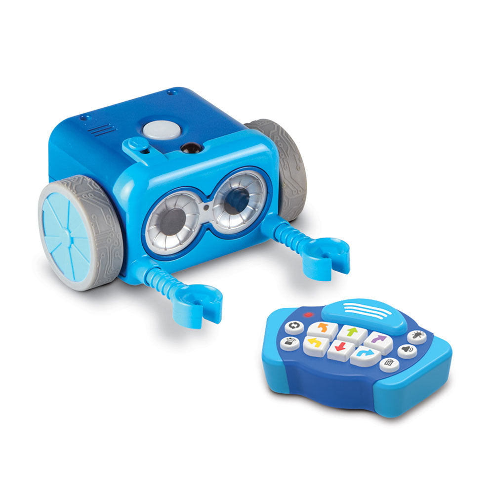 A studio shot of the blue Botley 2.0 coding robot with its face-mask and detachable arms attached. Beside it is the matching blue remote programmer with colourful directional buttons.