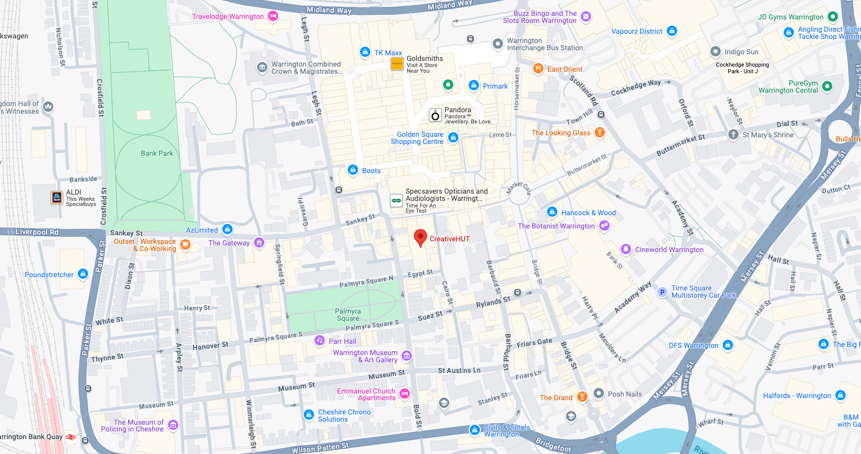 Map of central Birmingham, showing various landmarks and locations with marked points of interest.