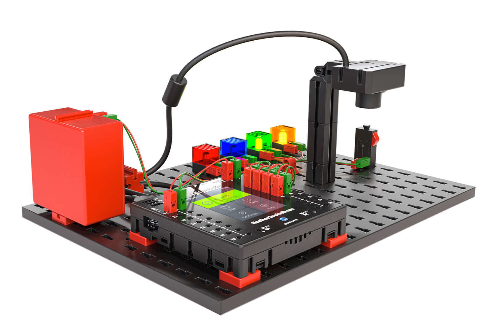 STEM coding kit showcasing AI technology with colorful components and connectors on a black base plate.