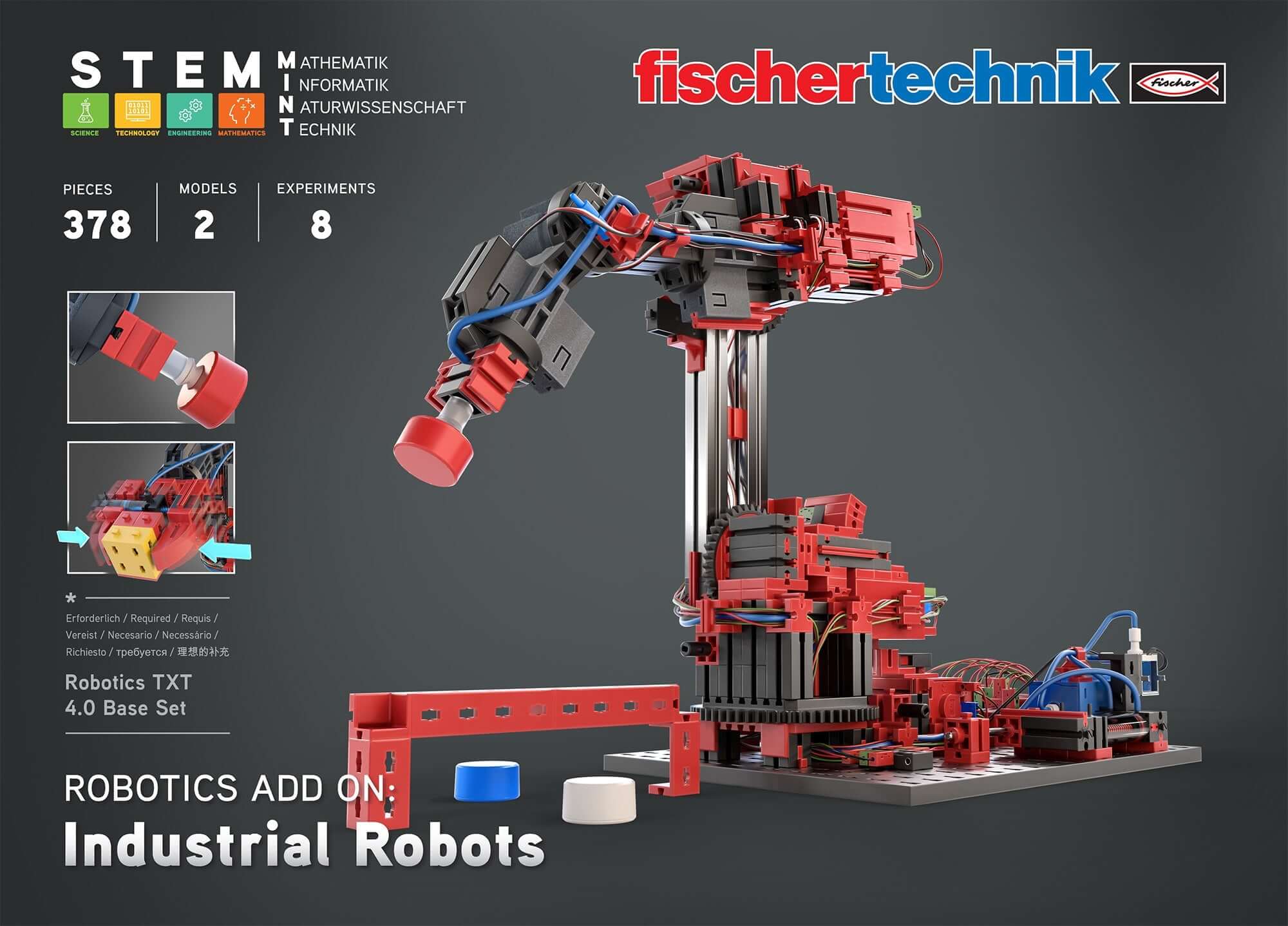 STEM coding kit featuring industrial robots with 378 pieces for assembling and programming realistic robot models.