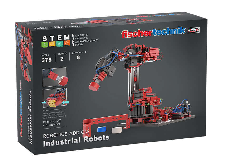 STEM Coding Ultimate set featuring industrial robots for students to build and program two six-axle models.