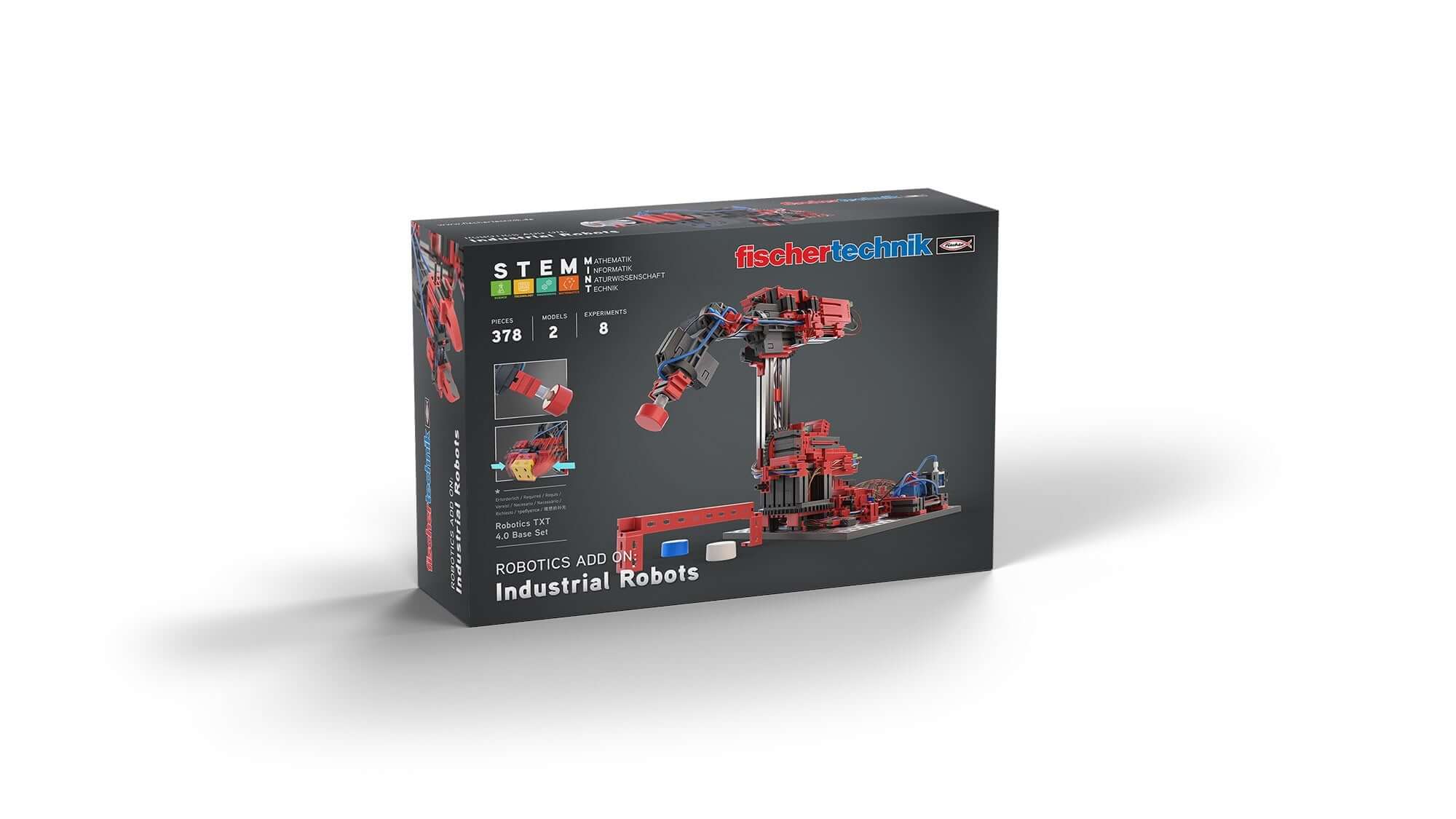 STEM coding kit packaging featuring industrial robots for educational assembly and programming.