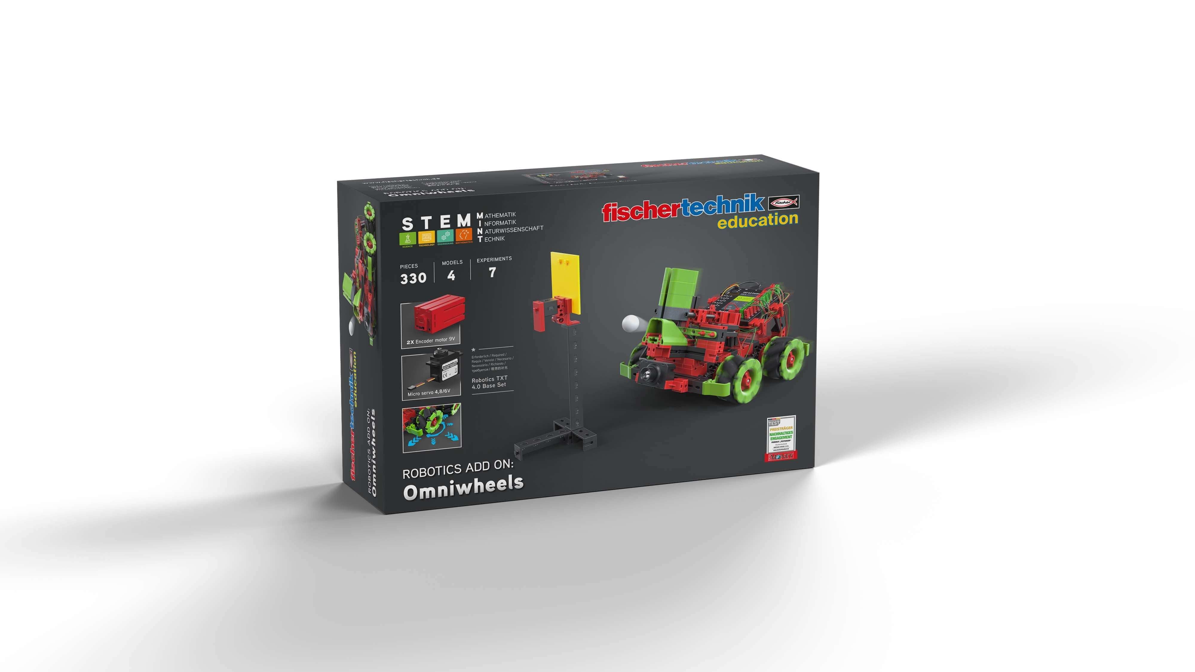 Add-On STEM Coding Ultimate: Omniwheels set for Robotics TXT 4.0 Base Set showcasing packaging and features.