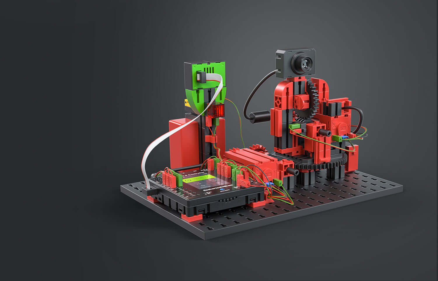 Add-On STEM Coding Ultimate IoT set for Robotics TXT 4.0 Base, showcasing components and wiring in vibrant red and green.