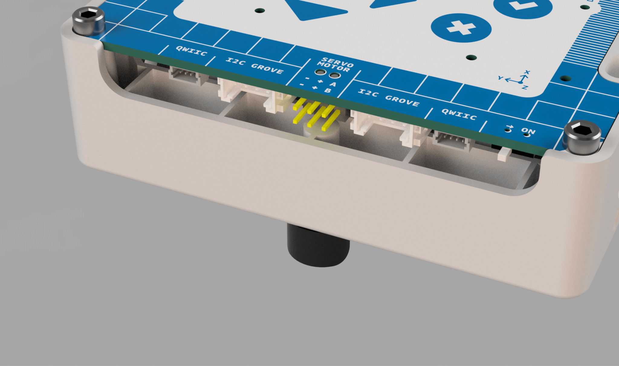 Close-up of Arduino Alvik's connection ports with I2C and Grove interfaces for robotics and programming education.