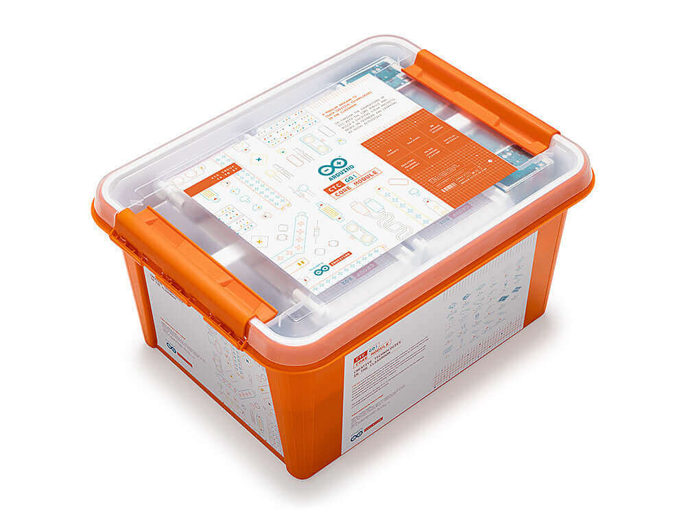 Orange storage box containing Arduino CTC GO! Core Module materials and lesson plans for STEAM education.