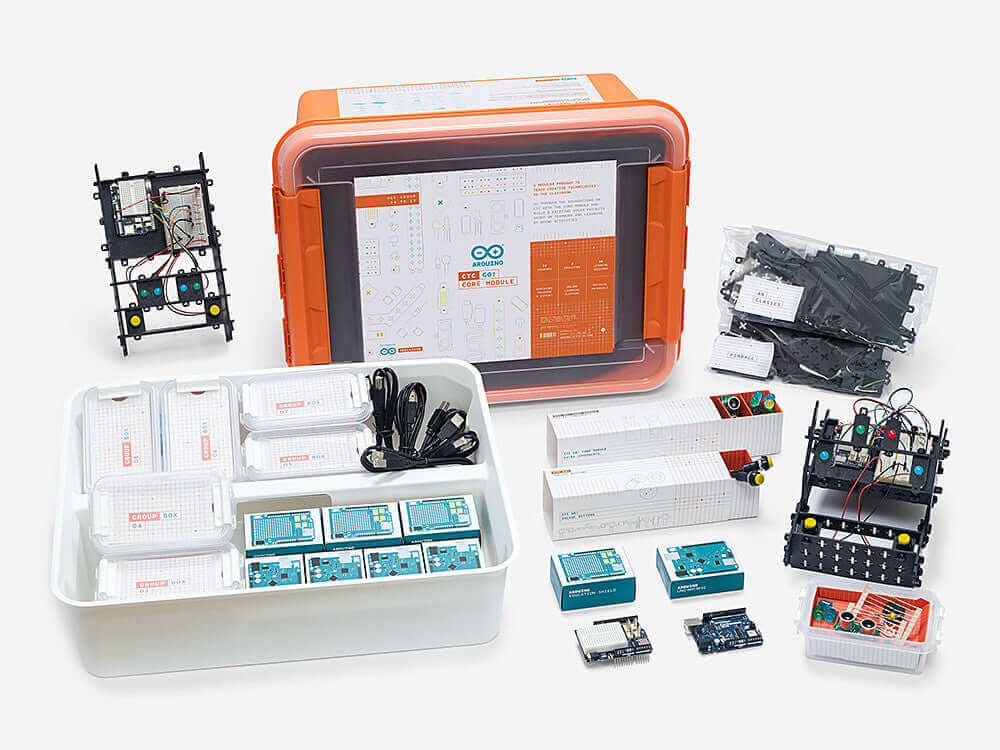 Arduino CTC GO! Core Module kit featuring components for hands-on STEAM learning, including various electronic parts and curriculum materials.