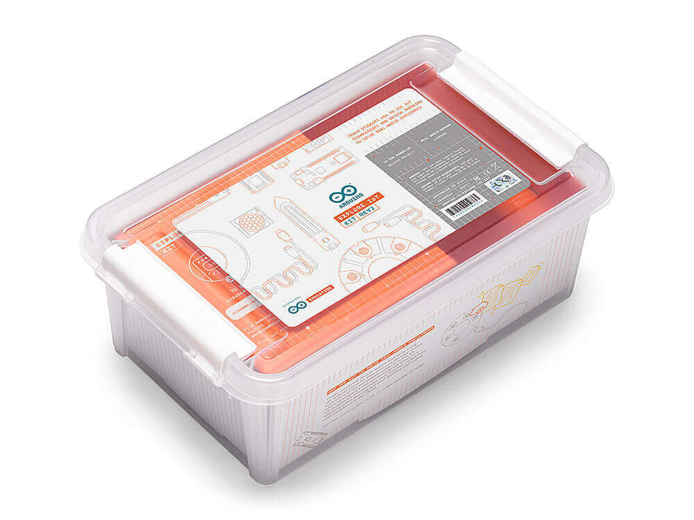 Arduino Education Explore IOT REV 2 kit, clear storage box with project instructions and components.