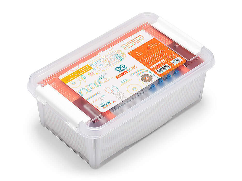 Arduino Education Science Kit REV 3, showcasing the transparent storage box with interactive learning features.