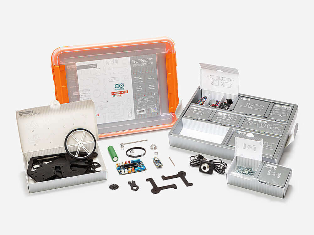 Arduino Engineering Kit Rev2 components including educational materials, tools, and parts for mechatronic projects.