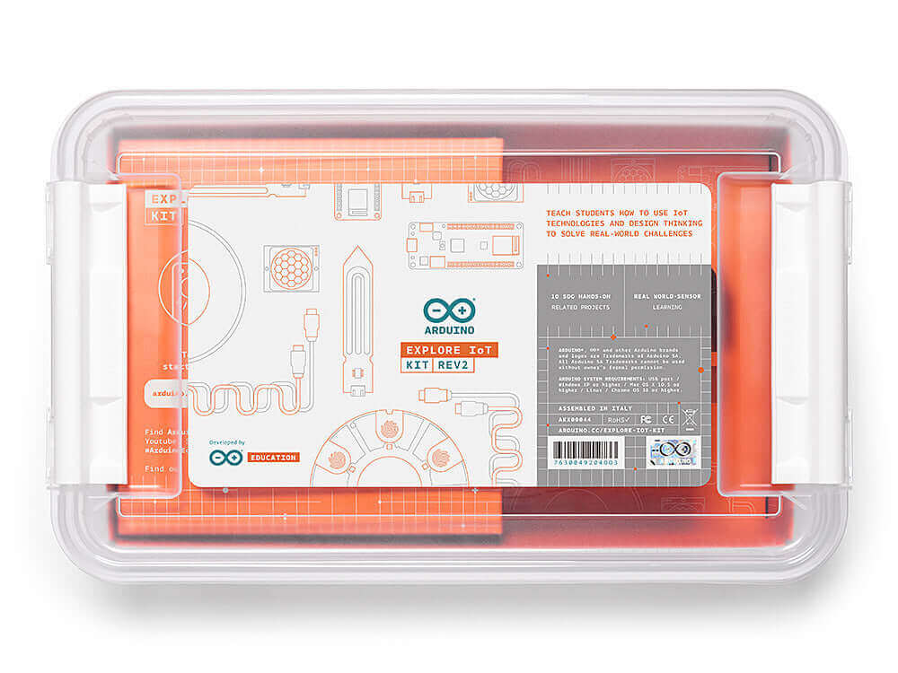 Arduino Education Explore IoT REV 2 kit packaging showcasing top design and features for students to create connected devices.