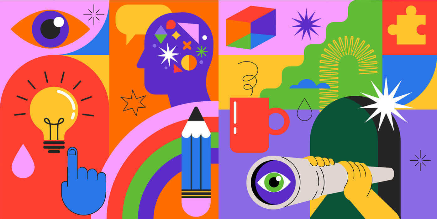 Creative illustration showcasing ideas, inspiration, and learning concepts with vibrant colors and various shapes.